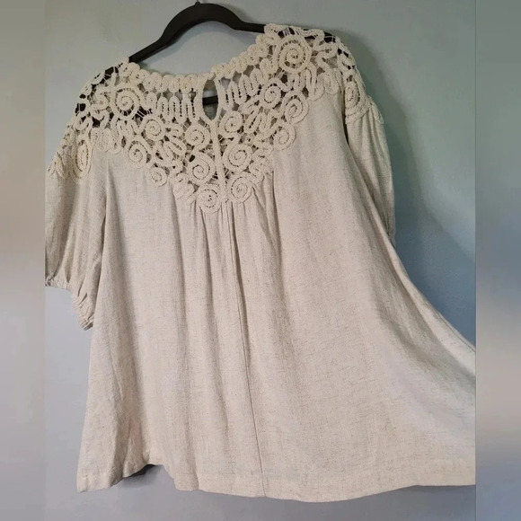 UMGEE linen cotton crochet lace balloon sleeve BOHO blouse top, oatmeal size M - Picture 8 of 9